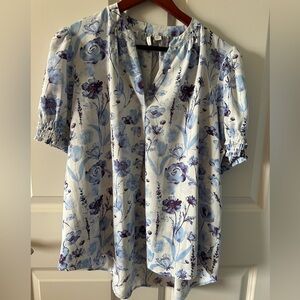 Cato Blue Floral Blouse Puff Sleeve V Neck Lightweight Top XL